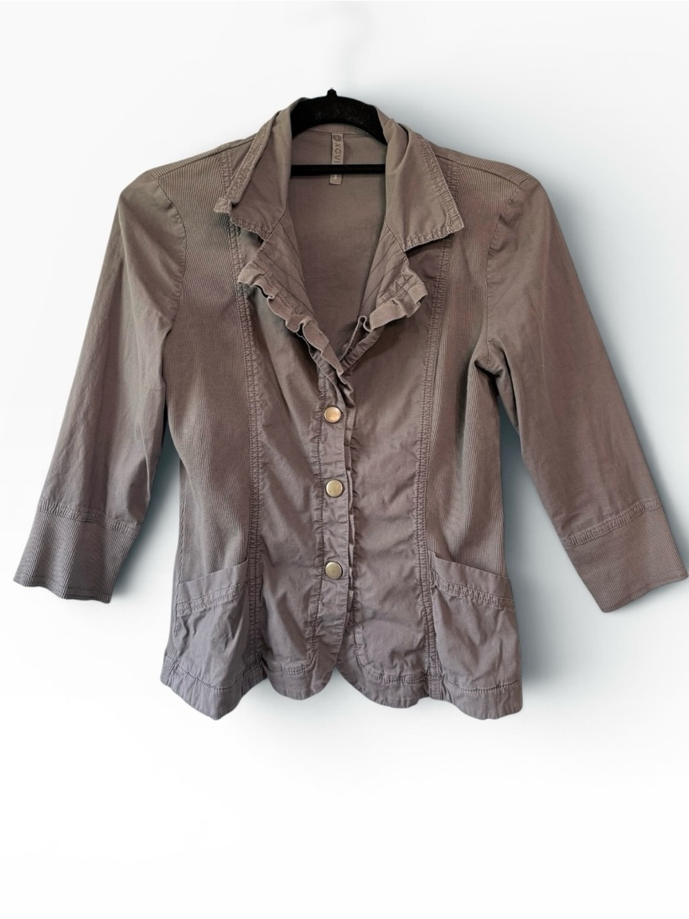 XCVI Women’s Ruffled Trim Button Front Quarter Sleeve Jacket Taupe Size Small